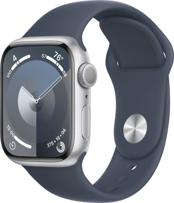 Apple Watch Serie 9 GPS 41mm Silver Aluminum Case Banda Storm Blue Sport S/M MR903LW/A