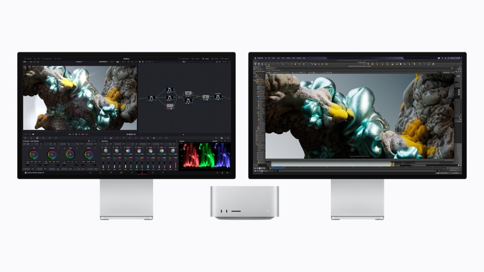 Mac Studio con dos monitores corrigiendo color de video en DaVinci Resolve