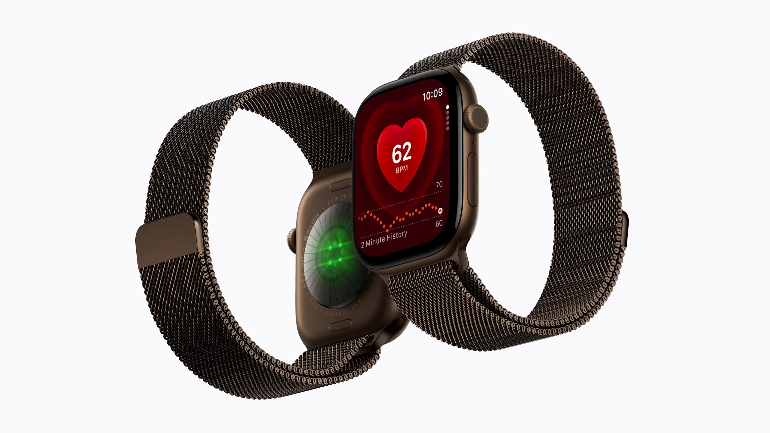 Dos Apple Watch Series 12, uno mostrando los sensores traseros y otro la aplicación de frecuencia cardíaca