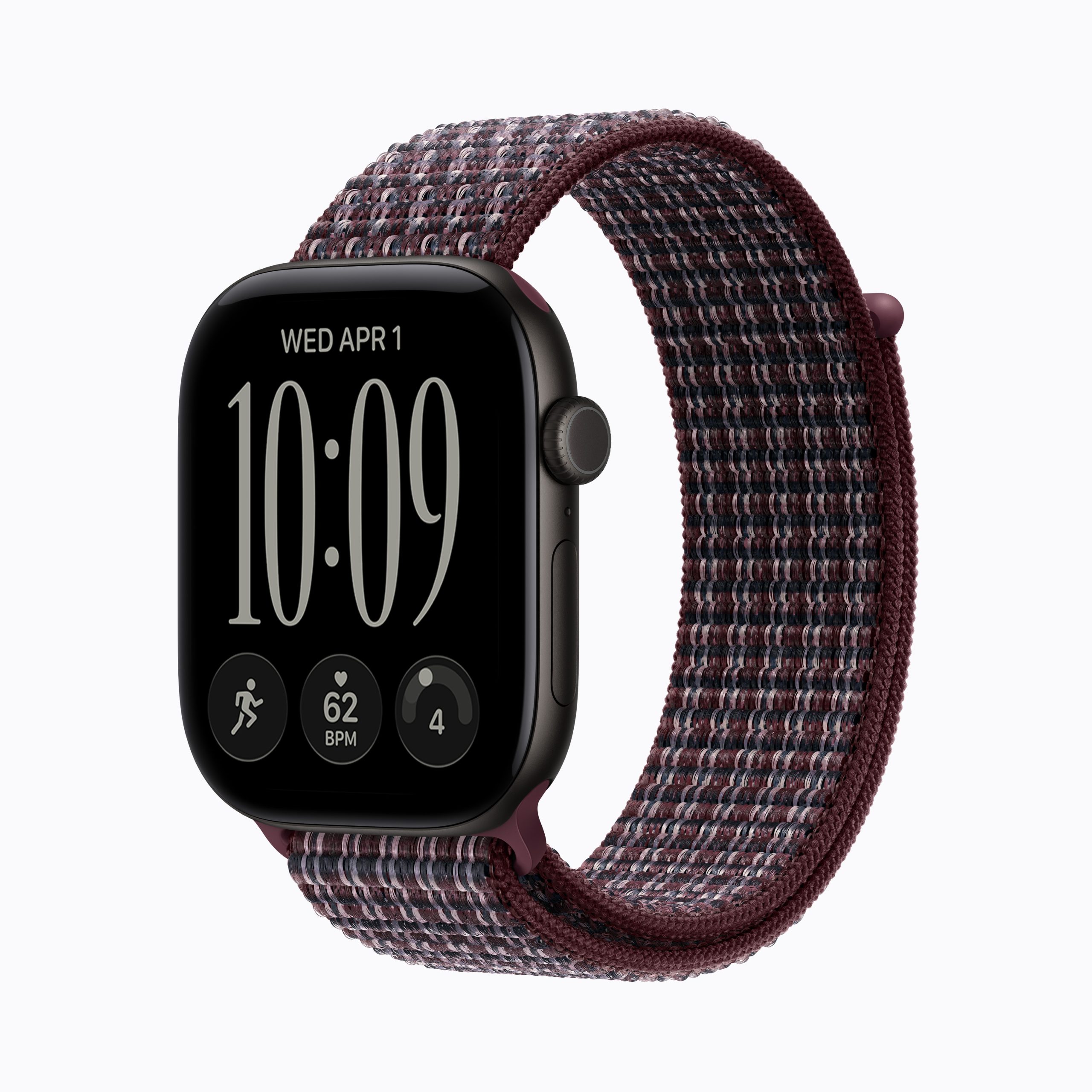 Apple Watch Series 12 en aluminio negro con bucle deportivo a cuadros borgoña