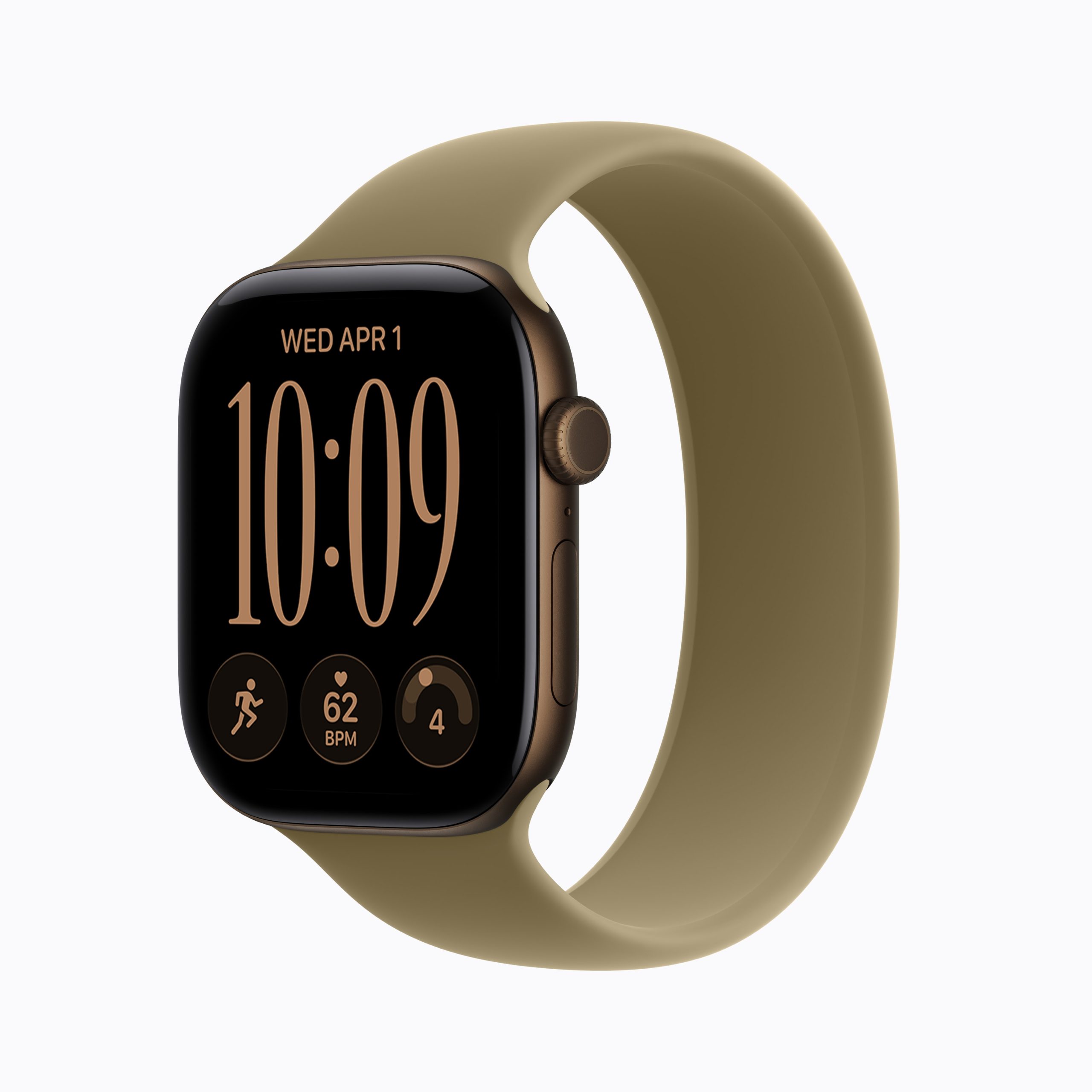 Apple Watch Series 12 en aluminio bronce oscuro con correa deportiva oliva
