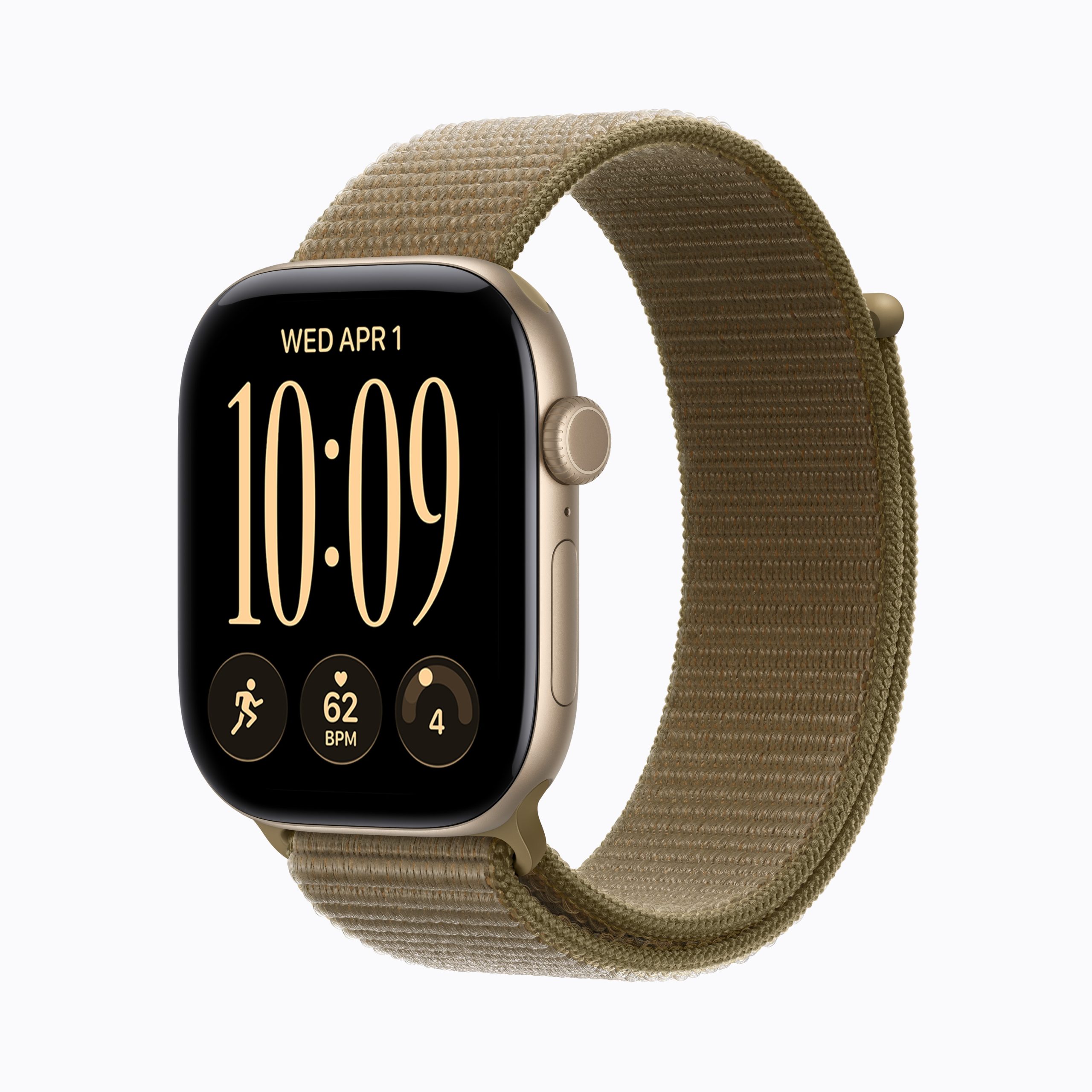 Apple Watch Series 12 en aluminio dorado claro con bucle deportivo oliva