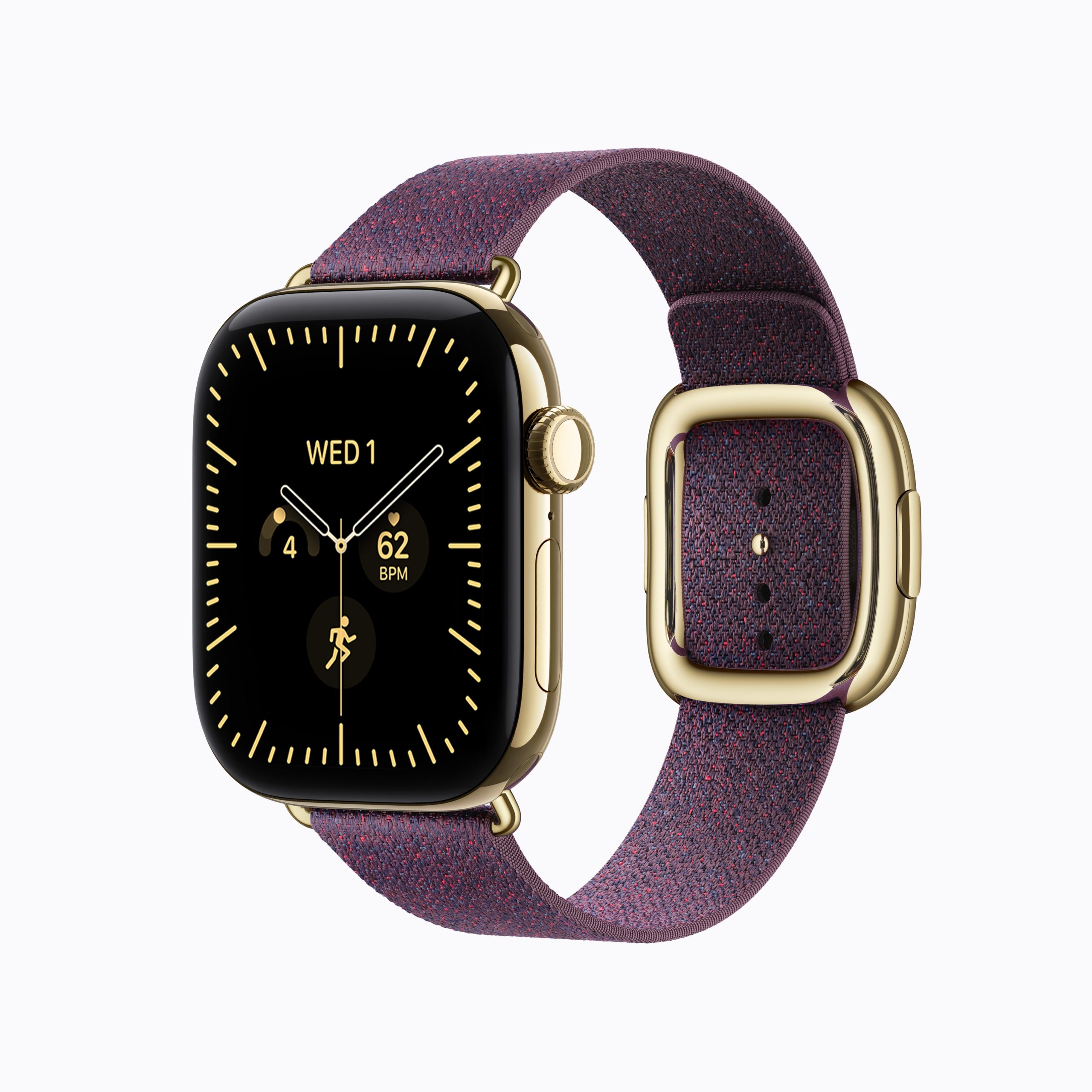 Apple Watch Series 12 en titanio dorado radiante con hebilla moderna camel