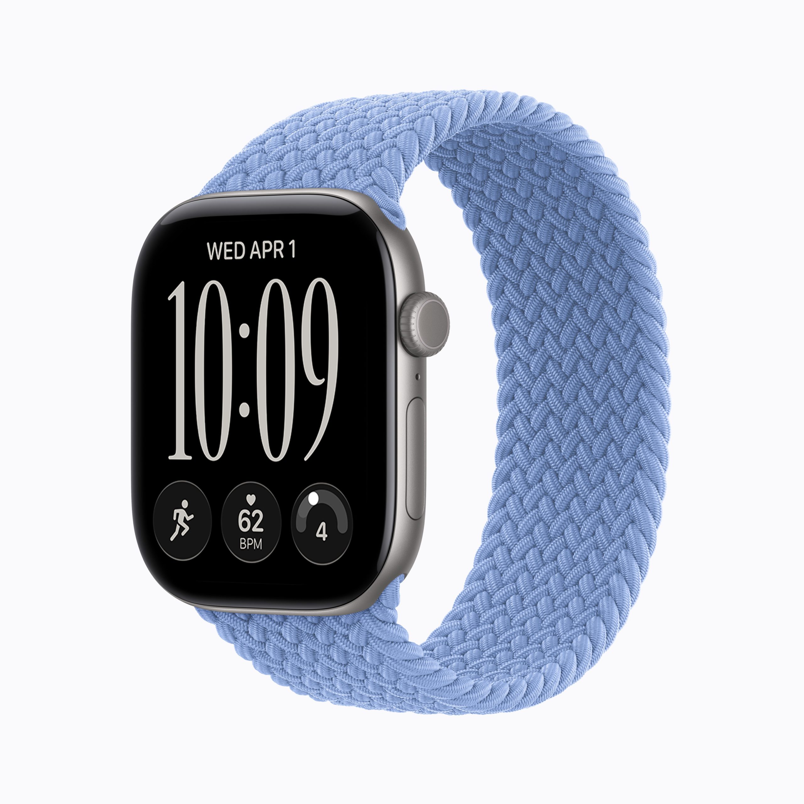 Apple Watch Series 12 en aluminio gris espacial con bucle solo trenzado azul flor silvestre