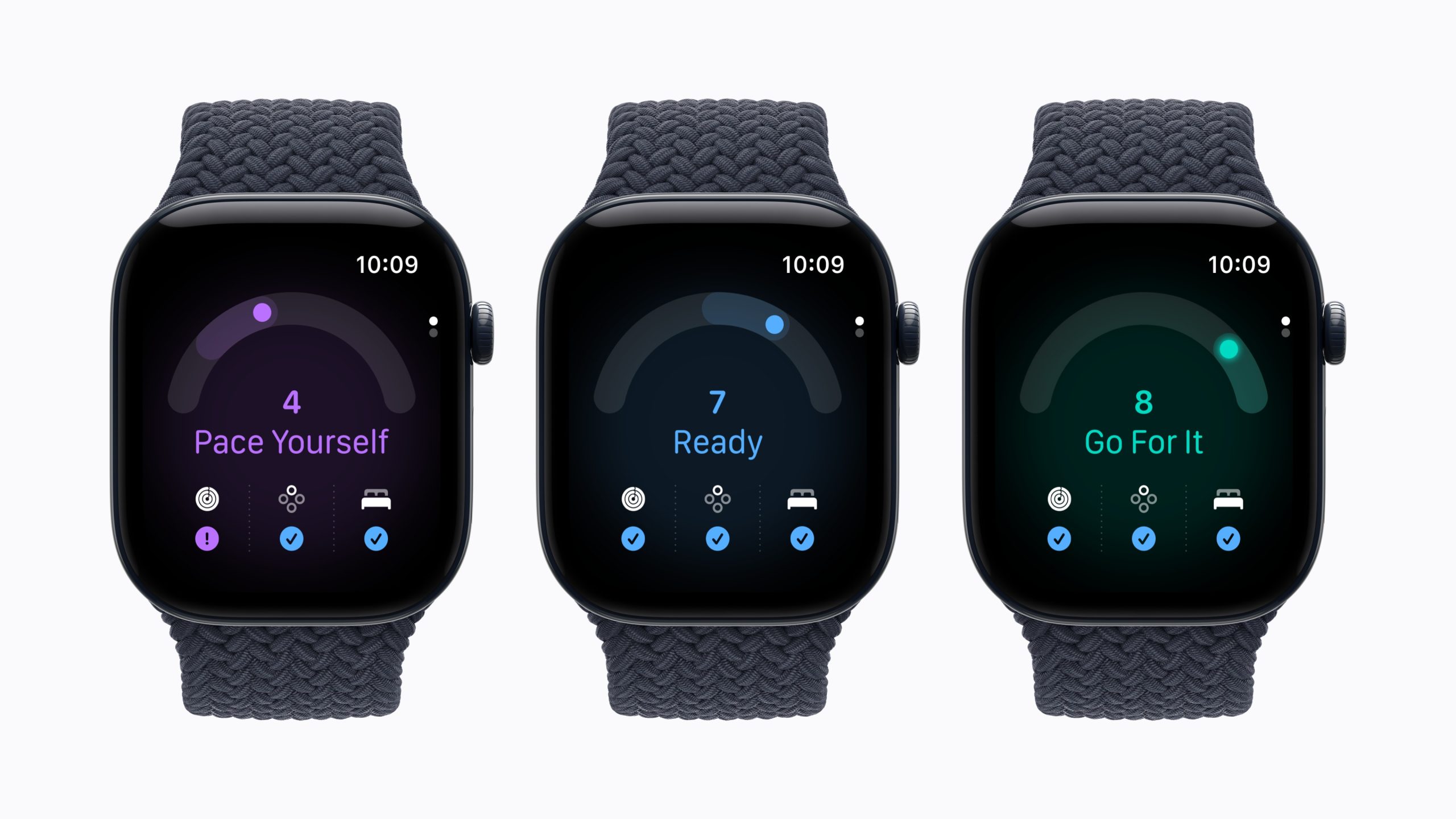 Tres Apple Watch Series 12 mostrando distintos puntajes de preparación