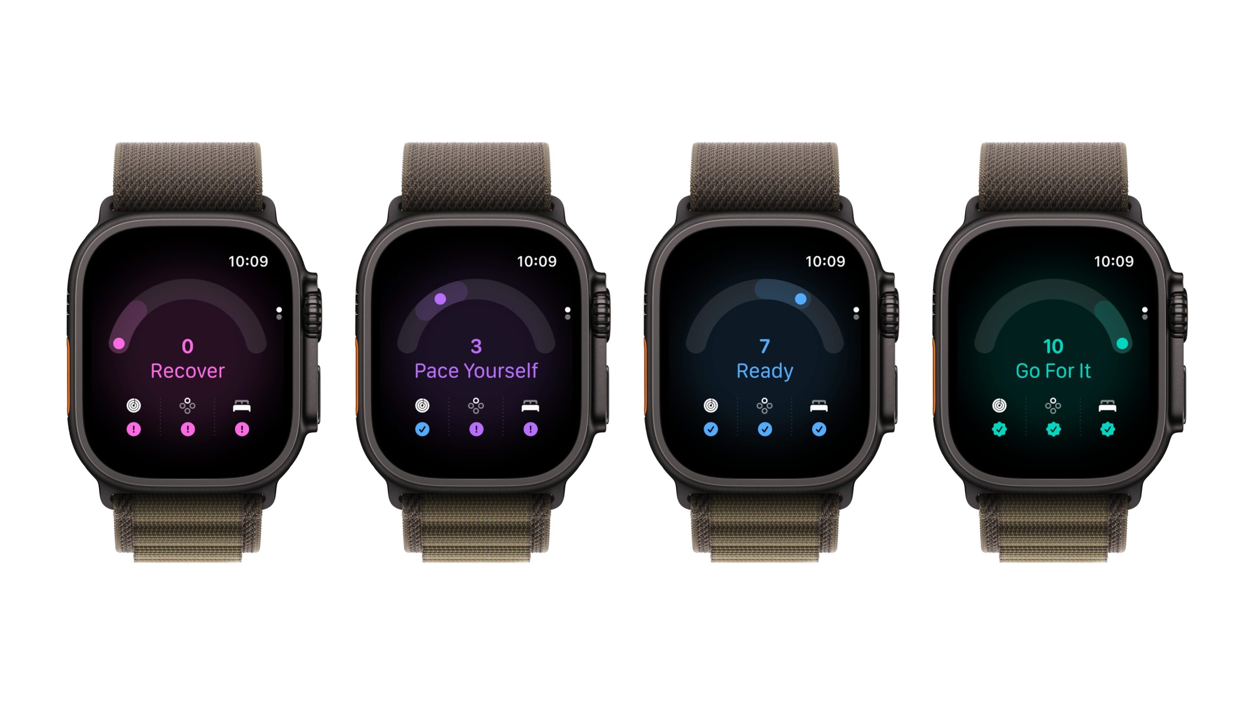 Cuatro Apple Watch Ultra 4 mostrando las cuatro recomendaciones posibles del puntaje de preparación.