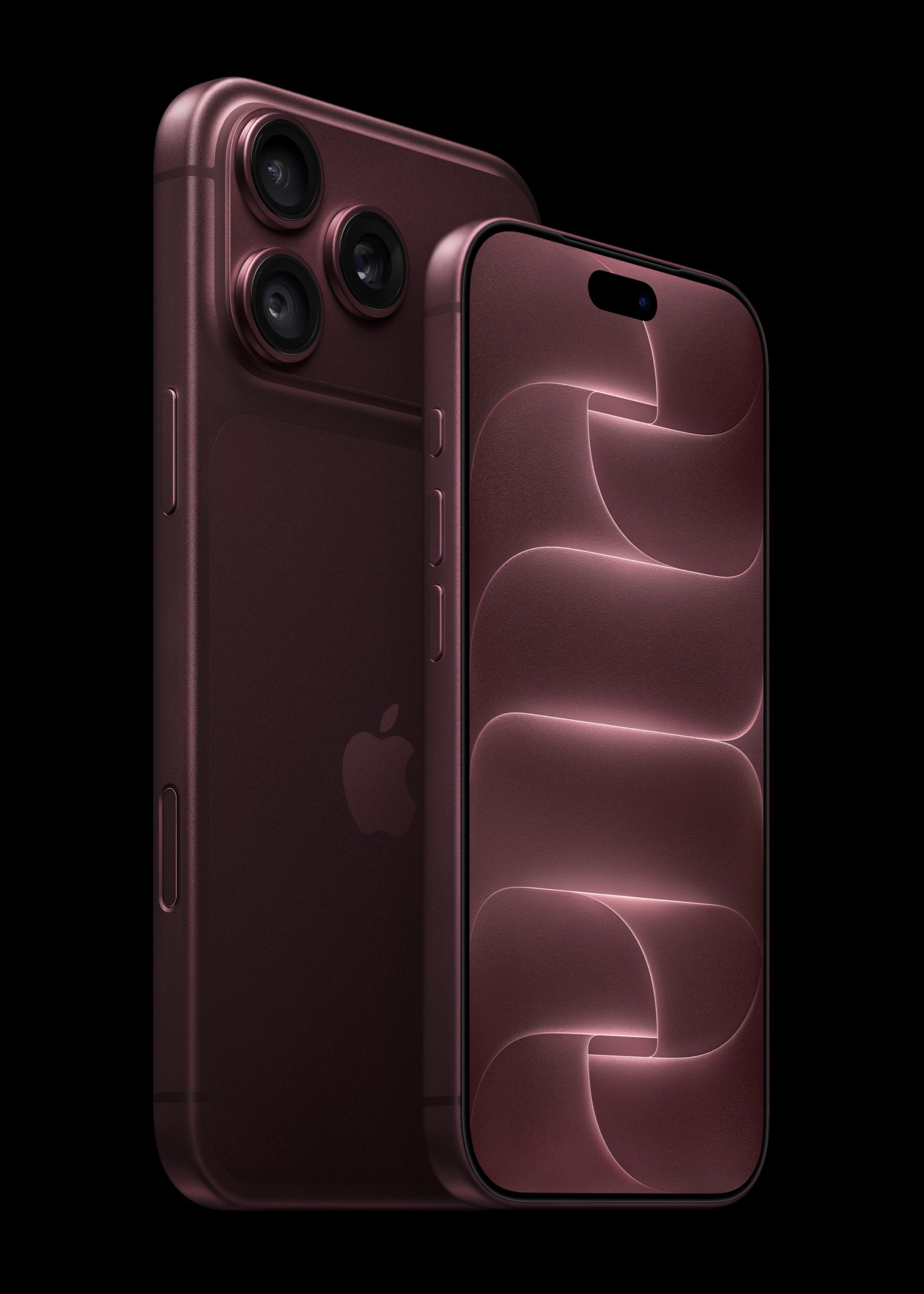 iPhone 18 Pro de frente y iPhone 18 Pro Max de dorso, en color burdeos