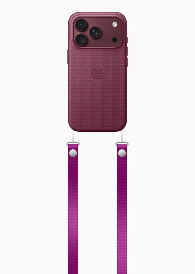 iPhone 18 Pro en burdeos con funda a juego y correa cruzada magenta