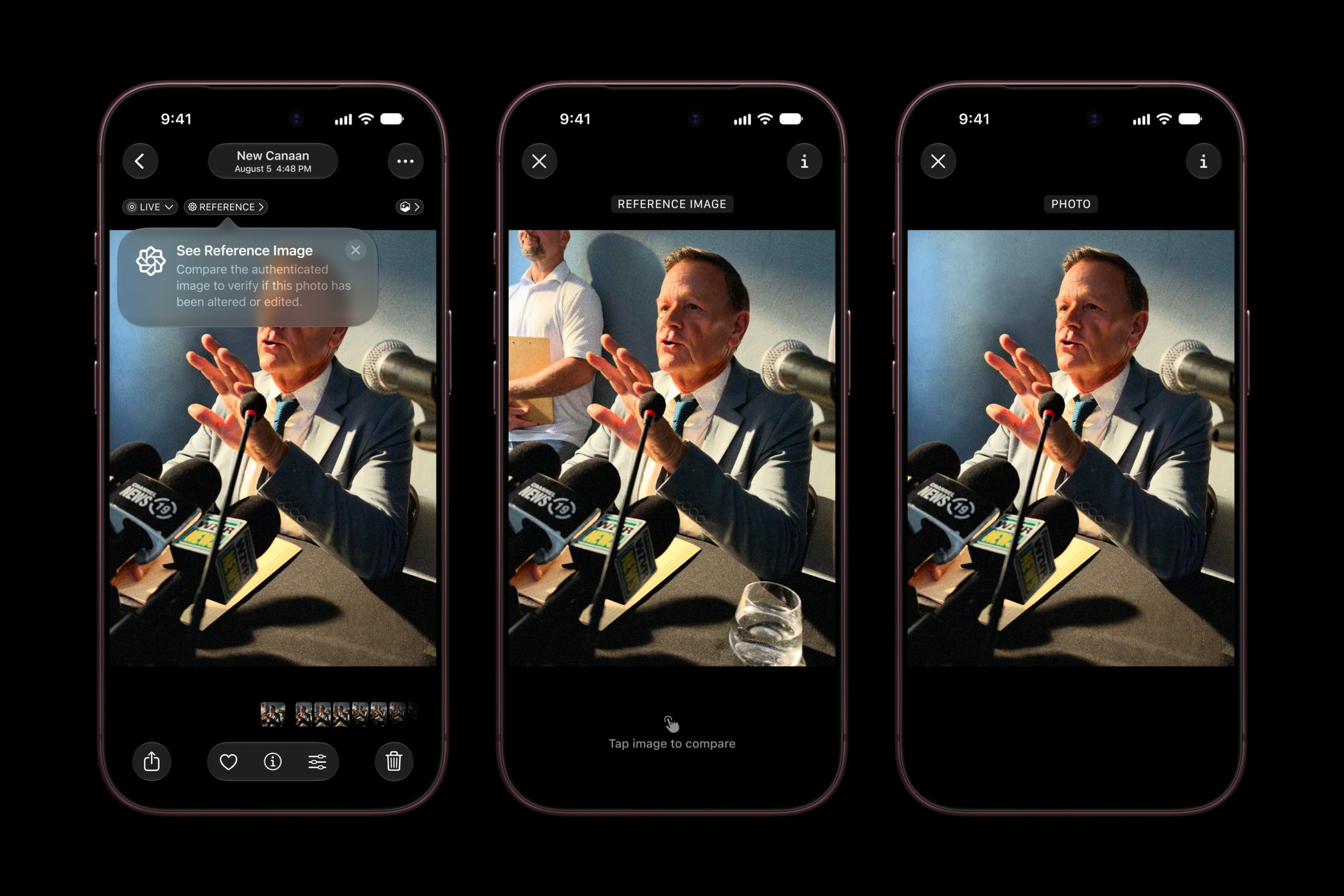 Tres iPhone 18 Pro mostrando la Imagen de Referencia de Apple comparando el original con una versión editada