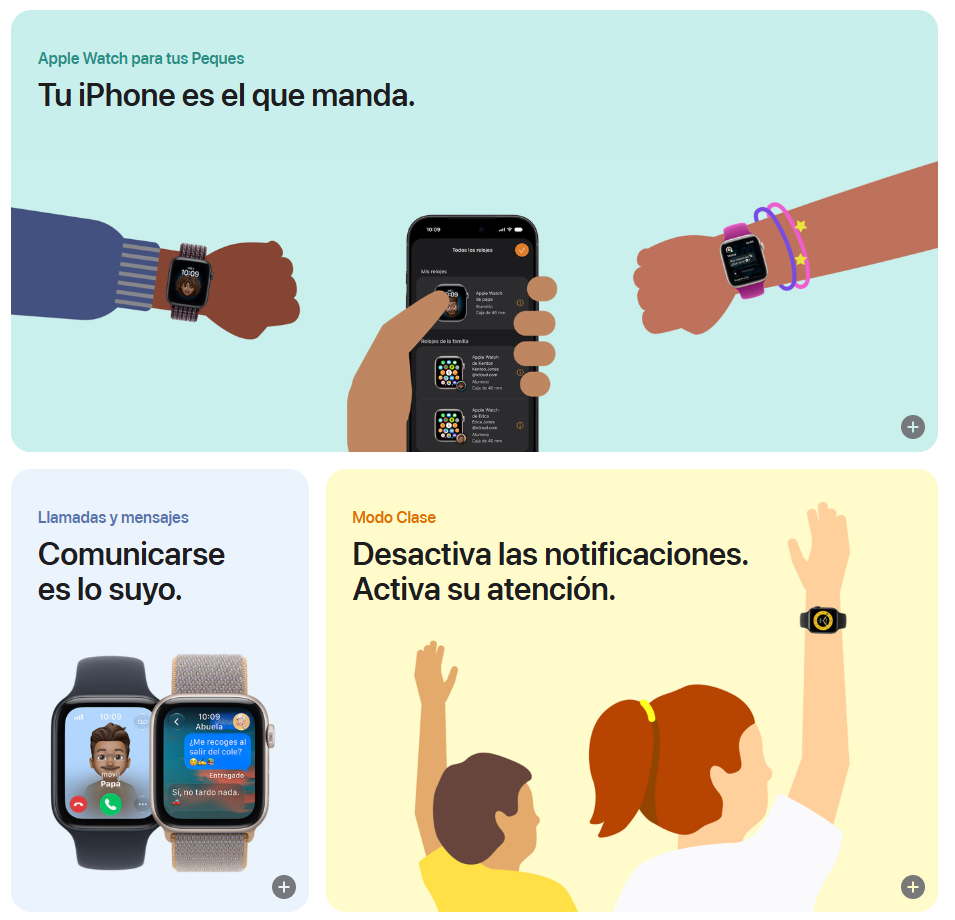 Varios chicos con Apple Watch en la muñeca y un iPhone en el centro administrando los relojes