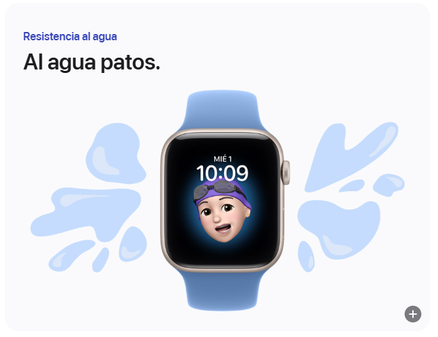 Apple Watch con malla celeste y esfera de natación, rodeado de salpicaduras de agua