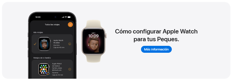 Apple Watch con la foto de una nena en la esfera, junto al instructivo de configuración para hijos