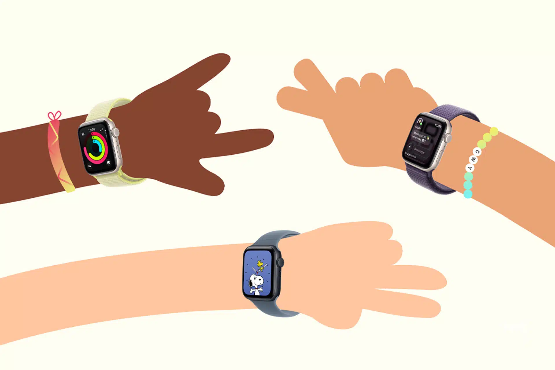 Apple Watch con correas de distintos colores en varias muñecas